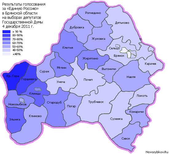 Результаты голосования за Единую Россию по Брянской области 4 декабря 2011 года