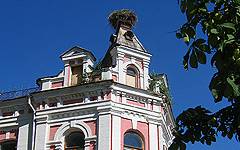 Novozybkov. The nest of storks on a roof of a city center of culture